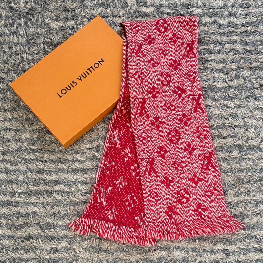 Louis Vuitton Monogram Wool Silk Scarf M70424 GM0136 Red White LV Logo Luxury
